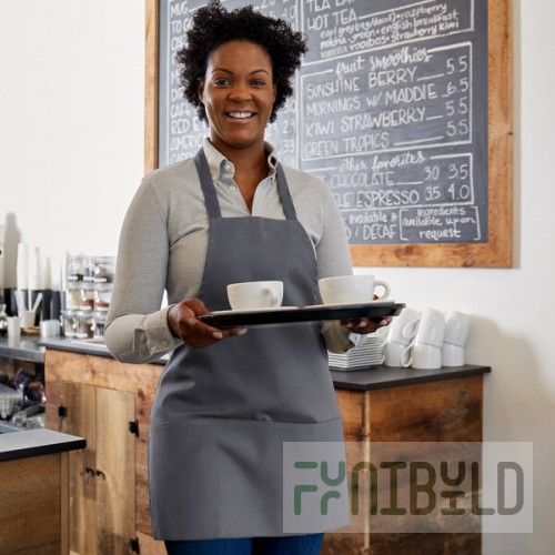 Choice Gray Poly-Cotton Front of House Bib Apron with 3 Pockets - 25