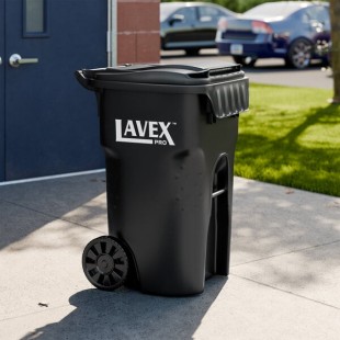 Lavex Pro 65 Gallon Black Wheeled Rectangular Trash Can with Lid Lavex Pro 65 Gallon Black Wheeled Rectangular Trash Can with Lid