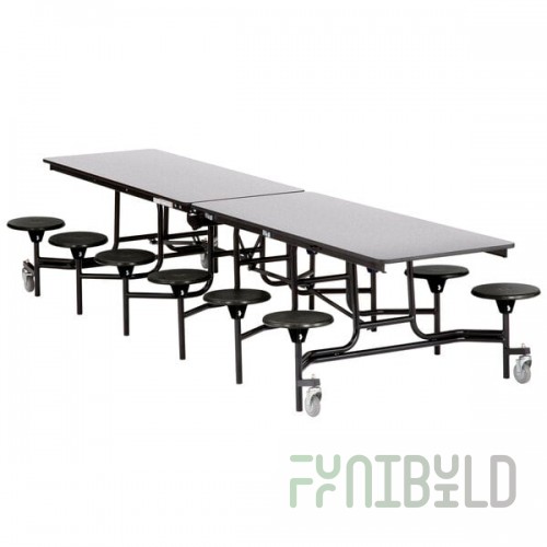 National Public Seating MTS12-PWPECR 12' Mobile Plywood Cafeteria Table with Chrome Frame, ProtectEdge, and 12 Stools