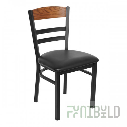 BFM Seating Barrick Sand Black Steel Side Chair with Autumn Ash Wood Back Panel and Black Vinyl Seat