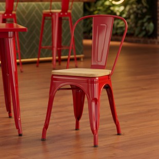 Lancaster Table & Seating Alloy Ruby Red Indoor Cafe Chair with Natural Wood Seat