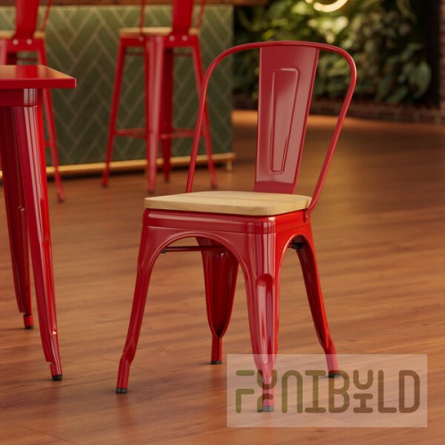 Lancaster Table & Seating Alloy Ruby Red Indoor Cafe Chair with Natural Wood Seat