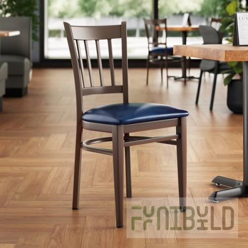 Lancaster Table & Seating Spartan Metal Slat Back Chair with Dark Walnut Wood Grain Finish and Navy Vinyl Seat - Assembled
