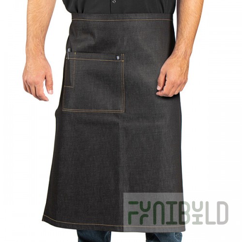 Uncommon Chef 3126 Black Cat Denim Customizable Cotton Uptown Bistro Apron with Black Webbing and 1 Pocket - 33