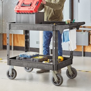 Lavex Large Black 2-Shelf Utility Cart with Premium Handle, Built-In Tool Compartments, and Oversized Wheels - 46 3/4