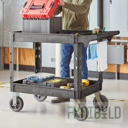 Lavex Large Black 2-Shelf Utility Cart with Premium Handle, Built-In Tool Compartments, and Oversized Wheels - 46 3/4