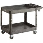 Lavex Large Black 2-Shelf Utility Cart with Premium Handle, Built-In Tool Compartments, and Oversized Wheels - 46 3/4 Lavex Large Black 2-Shelf Utility Cart with Premium Handle, Built-In Tool Compartments, and Oversized Wheels - 46 3/4