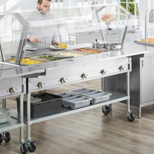 ServIt Five Pan Open Well Electric Steam Table with 2-Sided Sneeze Guard, (2) Drop Down Tray Slides, and Casters - 208/240V, 3750W
