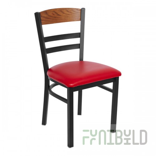 BFM Seating Barrick Sand Black Steel Side Chair with Autumn Ash Wood Back Panel and American Beauty Red Vinyl Seat