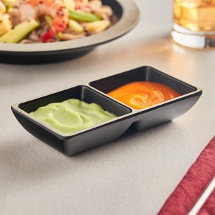 Acopa Ugoki 4 oz. Matte Black Two Compartment Melamine Sauce Dish with Ivory Rim - 12/Pack Acopa Ugoki 4 oz. Matte Black Two Compartment Melamine Sauce Dish with Ivory Rim - 12/Pack