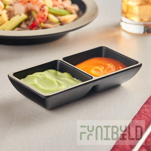 Acopa Ugoki 4 oz. Matte Black Two Compartment Melamine Sauce Dish with Ivory Rim - 12/Pack