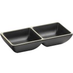 Acopa Ugoki 4 oz. Matte Black Two Compartment Melamine Sauce Dish with Ivory Rim - 12/Pack