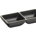 Acopa Ugoki 4 oz. Matte Black Two Compartment Melamine Sauce Dish with Ivory Rim - 12/Pack