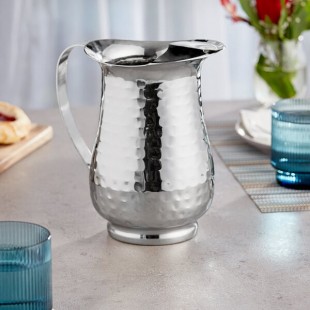 Acopa 64 oz. Hammered Stainless Steel Slender Bell Pitcher with Ice Guard Acopa 64 oz. Hammered Stainless Steel Slender Bell Pitcher with Ice Guard