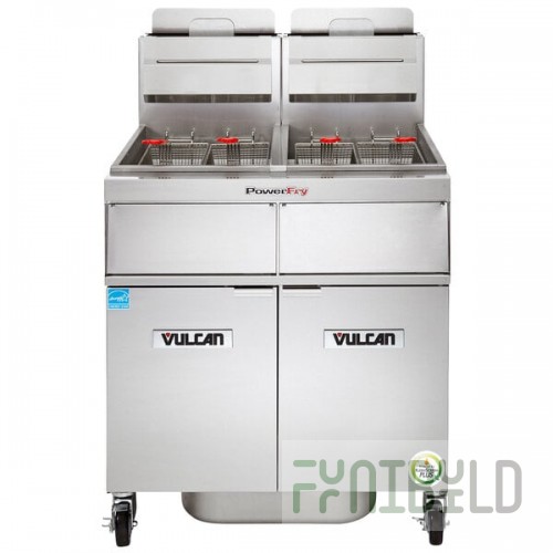 Vulcan 2TR65AF-1 PowerFry3 Natural Gas 130-140 lb. 2 Unit Floor Fryer System with Solid State Analog Controls and KleenScreen Filtration - 160,000 BTU