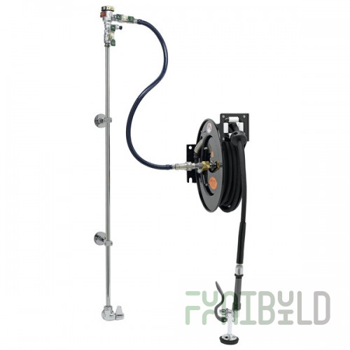Equip by T&S 5HR-232-01XE2 35' Open Hose Reel System with Single Temperature Wall Mount Base Faucet, Multi-Fit Wall Bracket, and High Flow Spray Valve