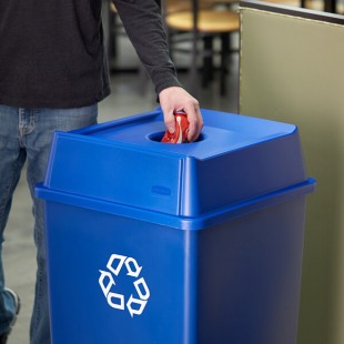 Rubbermaid® FG279100DBLUE Untouchable 35 / 50 Gallon Blue Square Recycling Lid with Hole for Bottles / Cans