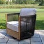 Outdoor Interiors Black Rope and Teak Swivel Chair with Sunbrella Cushions Outdoor Interiors Black Rope and Teak Swivel Chair with Sunbrella Cushions