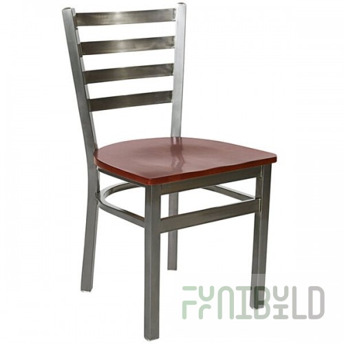 BFM Seating Lima Steel Customizable Side Chair with Mahogany Wooden Seat and Clear Coat Frame