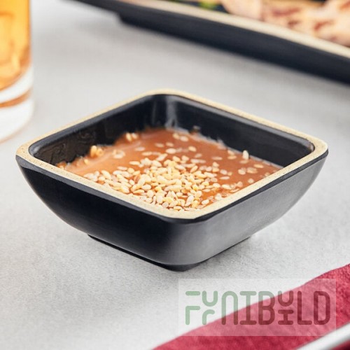 Acopa Ugoki 2 oz. Matte Black Square Melamine Sauce Dish with Ivory Rim - 12/Pack