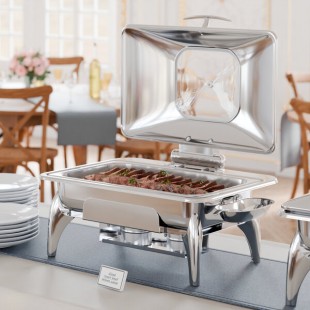 Acopa Voyage 8 Qt. Full Size Stainless Steel Induction / Traditional Dual-Purpose Chafer with Glass Top, Soft-Close Lid, and Stand with Fuel Holders Acopa Voyage 8 Qt. Full Size Stainless Steel Induction / Traditional Dual-Purpose Chafer with Glass Top, Soft-Close Lid, and Stand with Fuel Holders
