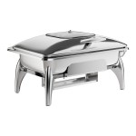 Acopa Voyage 8 Qt. Full Size Stainless Steel Induction / Traditional Dual-Purpose Chafer with Glass Top, Soft-Close Lid, and Stand with Fuel Holders