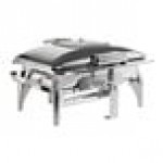 Acopa Voyage 8 Qt. Full Size Stainless Steel Induction / Traditional Dual-Purpose Chafer with Glass Top, Soft-Close Lid, and Stand with Fuel Holders