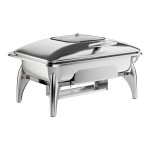 Acopa Voyage 8 Qt. Full Size Stainless Steel Induction / Traditional Dual-Purpose Chafer with Glass Top, Soft-Close Lid, and Stand with Fuel Holders