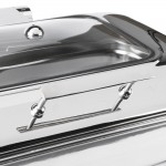 Acopa Voyage 8 Qt. Full Size Stainless Steel Induction / Traditional Dual-Purpose Chafer with Glass Top, Soft-Close Lid, and Stand with Fuel Holders