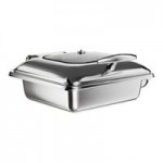 Acopa Voyage 8 Qt. Full Size Stainless Steel Induction / Traditional Dual-Purpose Chafer with Glass Top, Soft-Close Lid, and Stand with Fuel Holders