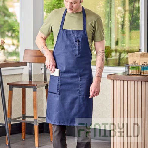 Uncommon Chef 3004 Navy Customizable Poly-Cotton Twill Bib Apron with 3 Pockets - 34