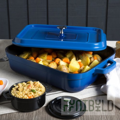GET Heiss 5 Qt. Cobalt Blue Enamel Coated Cast Aluminum Roasting Pan with Lid - 12 7/8