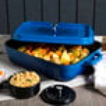 GET Heiss 5 Qt. Cobalt Blue Enamel Coated Cast Aluminum Roasting Pan with Lid - 12 7/8