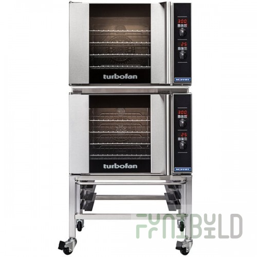Moffat E31D4/2C Turbofan Double Deck Half Size Electric Convection Oven / Broiler with Digital Controls and Casters - 208V, 1 Phase, 5.8 kW