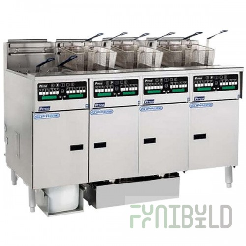 Pitco® SSHLV14C-4/FDP Solstice Supreme Natural Gas 128 lb. Reduced Oil Volume / High Output 4 Unit Fryer System with Intellifry Computer Controls and Push Button Top Off - 300,000 BTU