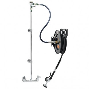 Equip by T&S 5HR-232-01XE1 35' Open Hose Reel System with Wall Mount Base Faucet, Multi-Fit Wall Bracket, and High Flow Spray Valve
