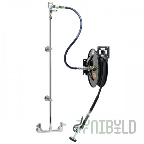 Equip by T&S 5HR-232-01XE1 35' Open Hose Reel System with Wall Mount Base Faucet, Multi-Fit Wall Bracket, and High Flow Spray Valve