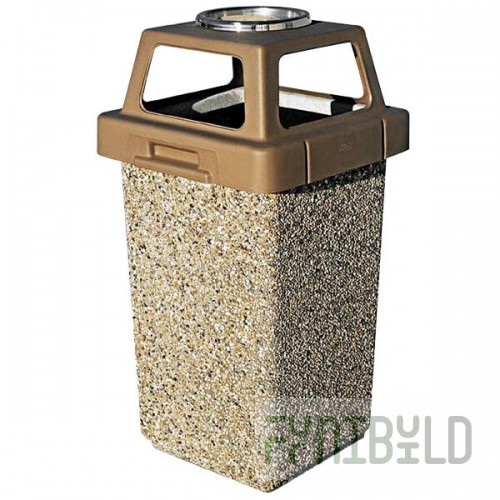 Wausau Tile TF1009 30 Gallon Concrete Square Outdoor Trash Can with Plastic 4-Way Lid and Ashtray
