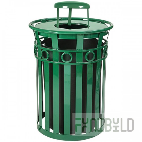 Witt Industries M3600-R-RC-GN Oakley 36 Gallon Green Steel Round Outdoor Decorative Trash Can with Rain Cap Lid and Ring Accent Band