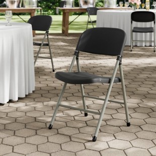 Lancaster Table & Seating Black Contoured Injection-Molded Folding Chair with Charcoal Frame and Gray Legs - 4/Case Lancaster Table & Seating Black Contoured Injection-Molded Folding Chair with Charcoal Frame and Gray Legs - 4/Case