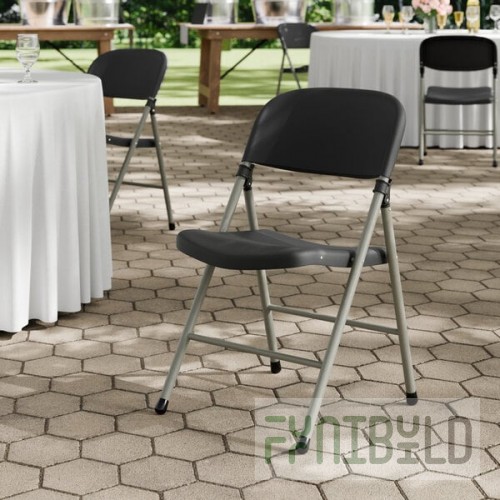 Lancaster Table & Seating Black Contoured Injection-Molded Folding Chair with Charcoal Frame and Gray Legs - 4/Case