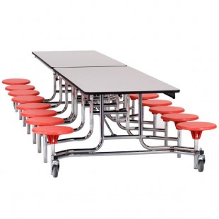 National Public Seating MTS1216-PWTMPC 12' Mobile Plywood Cafeteria Table with Black Powder Coated Frame, T-Molding Edge, and 16 Stools