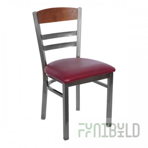 BFM Seating Barrick Clear Coat Steel Side Chair with Autumn Ash Wood Back Panel and Burgundy Vinyl Seat