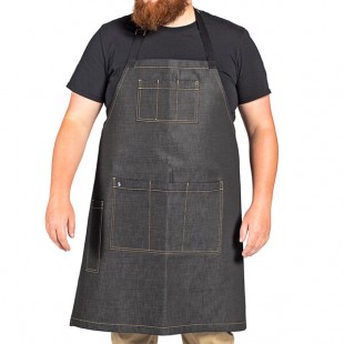 Uncommon Chef 3122 Black Cat Denim Customizable Cotton Eclipse Bib Apron with Black Webbing and 7 Pockets - 34 Uncommon Chef 3122 Black Cat Denim Customizable Cotton Eclipse Bib Apron with Black Webbing and 7 Pockets - 34