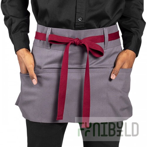 Uncommon Chef 3103 Slate Gray Customizable Poly-Cotton Beltway Waist Apron with Burgundy Webbing and 3 Pockets - 14