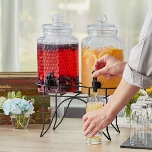 Acopa Double 1 Gallon Glass Beverage Dispenser with Metal Stand Acopa Double 1 Gallon Glass Beverage Dispenser with Metal Stand