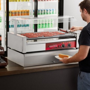 Avantco 50 Hot Dog Non-Stick Roller Grill with Pass-Through Canopy and 144 Bun Cabinet