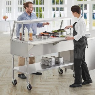 ServIt Stainless Steel 4 Pan Ice-Cooled Food Table with Angled Sneeze Guard and 5 ServIt Stainless Steel 4 Pan Ice-Cooled Food Table with Angled Sneeze Guard and 5
