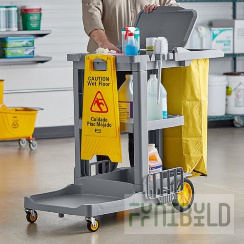 Lavex Premium Gray 3-Shelf Janitor Cart Kit with Yellow Bag, Black Zippered Bag, and Lid