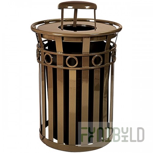 Witt Industries M3600-R-RC-BN Oakley 36 Gallon Brown Steel Round Outdoor Decorative Trash Can with Rain Cap Lid and Ring Accent Band